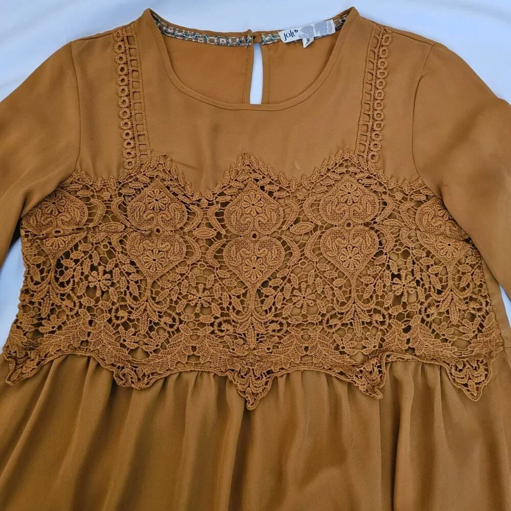 Jolt Rust Orange Crochet Lace Detail Bell Sleeve Peasant Style Blouse Sz Medium - Picture 5 of 12